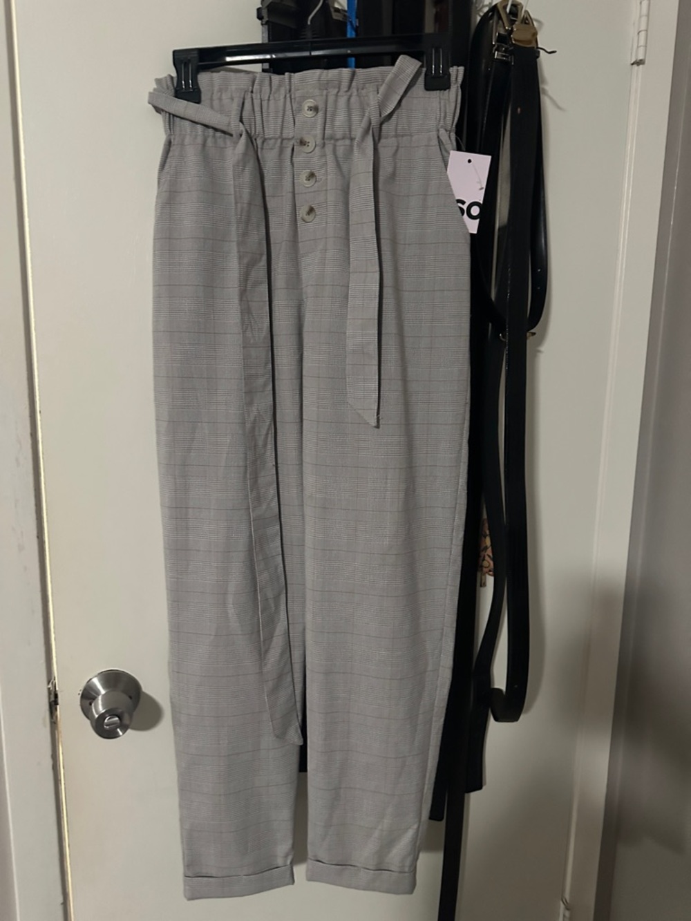 Light Gray Plaid Paperbag Waist Men’s Pants